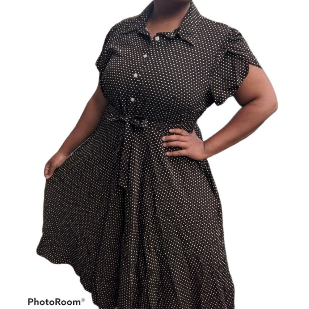 Chaps Black Dot Fit & Flare Collared Dress Size 1X